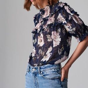 Rebecca Taylor Magnolia Silk Puff-Sleeve Top Floral Navy Size 4